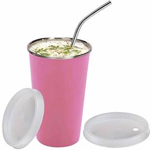 Kitchen King Falcon Stainless Steel Glass with Straw and Lid Plus Extra Travel Lid Glass Water/Juice Glass