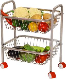 PARASNATH Mirror Finish 2 Shelf Square Vegetable and Fruit Trolley Made in India Steel Kitchen Trolley