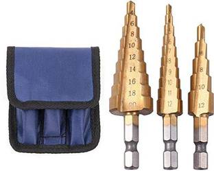 ISC HSS Titanium Step Drill Bit Set, High Speed Steel Cone Drill Bits, Multiple Hole Cutting, Double Cutting Blades, 25mm Hex Shank Drive Kit 3Pcs Bits