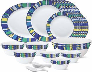 BOROSIL Pack of 33 Opalware Tiara Series Sapphire {{1-Piece 13" Rice Plate}} {{6-Piece 11" Full Plate}} {{6- Piece 7" Quarter Plate}} {{6- Piece 4.5" Veg Bowl}} {{2-Piece 8" Serving Bowl}} {{6-Piece 5" Soup Bowl}} {{6- Piece Spoons}} Dinner Set
