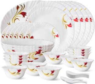 Larah by Borosil Pack of 33 Opalware Borosil Red Lily 100% Bone ash free Dinner Set