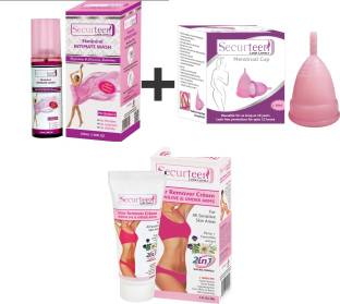 Securteen Menstrual Cup 1pc Large Reusable for Women+ 1 Bikini Line Hair Remover Crème (60g)+1 Natural Intimate Wash (100ml) (3 Items in the set) Intimate Hygiene Combo
