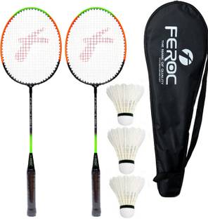 फेरोक Aluminum Badminton -Racket Set of -2 with- 3 Pieces Feather shuttles with Full- Cover बैडमिंटन किट