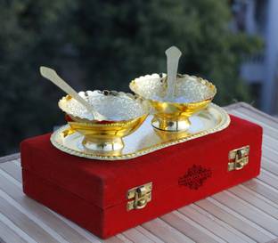 IndianArtVilla Silver Plated Serving Bowl Silver Plated Gold Polished Gift Set OF 2 Bowl With 2 Spoons & 1 Tray, 100 ML, Service For 2, Diwali Gift Item