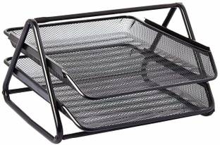 FosCadit 2 Compartments METAL Mesh 2 Tier Document File Basket for Office, 1Pc(Black Color)