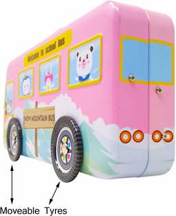Johnnie Boy Multicolour Cartoon Printed School Bus Shape Metal Pencil Box with Moving Tyres for Kids (pink ) Geometry Box