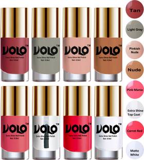 Volo New Look Extra Lasting Nail Polish Combo Set Of 8 Combo-No-26 Tan, Light Gray, Pinkish Nude, Nude, Pink Mania, Extra Shine Top Coat, Carrot Red, Matte White