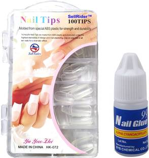 SellRider Imported Best Quality Artificial Transparent Finger Empress Curve 100 Tips Fake Nails with Glue white