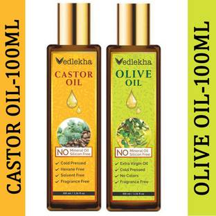 Vedlekha 100% Pure & Natural Cold Pressed Castor Oil And Extra Light Olive Oil, Hair, Skin, Body-l Combo of 2 No.100 ml Bottles(200 ml) Hair Oil