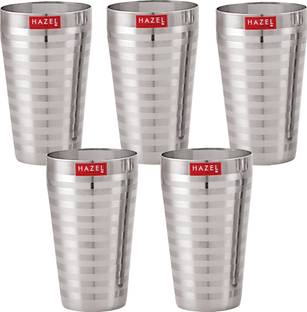 HAZEL (Pack of 5) Stainless Steel Stripped Design Traditional Shape Jumbo Water Lassi Glass Water/Juice Glass