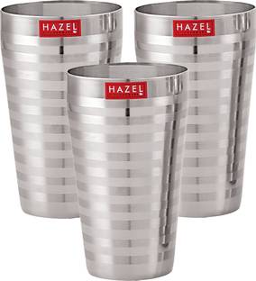 HAZEL (Pack of 3) Stainless Steel Stripped Design Traditional Shape Jumbo Water Lassi Glass Water/Juice Glass
