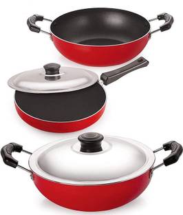 NIRLON Non Stick 3 Piece Combo Set - Kadhai ,Fry Pan, Kadhai with Lid - Aluminium Red & Black Non-Stick Coated Cookware Set