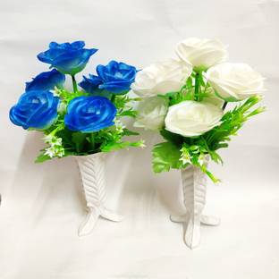 artificial hub ROSE WITH PLASTIC VASE Blue, White Rose Artificial Flower  with Pot