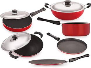 NIRLON Nonstick Cookware Set Standard ,6-Pieces,Black and Red Non-Stick Coated Cookware Set