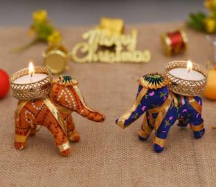Collectible India Set of 2 Elephant Tea light Terracotta 2 - Cup Candle Holder Set