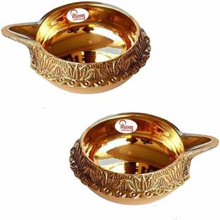 DIVYA Brass Kuber Diya, Handmade Indian Puja Brass Oil Lamp/Diya Lamp, Diya for Puja, Brass (Pack of 2) Table Diya