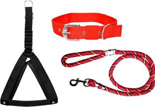 BODY BUILDING Dog Belt Combo of Black Dog Body Cross with Red Dog Collar with Red Lead Dog Harness & Leash