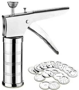 HONESTCREATION Stainless Steel Kitchen Press for Noodles and Snacks Sev Grater Cookies Maker with 15 Interchangeable Blades (Silver) Vegetable & Fruit Slicer