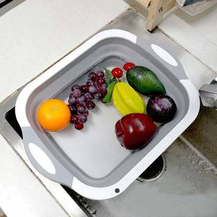 Zahab Collapsible Multi-Function Kitchen Chopping Board Dish Tub Storage Basket with Draining Plug Folding Cutting Board Dish Sink Tub Vegetable Basket Plastic Cutting Board