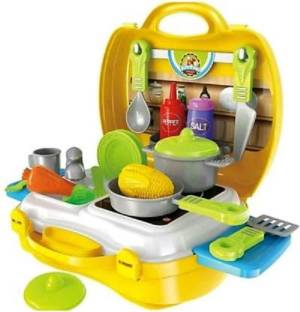 Toyji 26 Pieces Kitchen Set Pretend Play Toys for Girls with Suitcase Carry Case, Yellow Color (Kitchen Set
