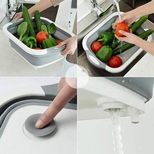 vichitr collections 3 in1 foldable silicon fruits & vegetables washing bowl with draining, chopping board, fruit tray, ice bucket Silicone Cutting Board (Grey, White Pack of 1) Silicone, Plastic Cutting Board