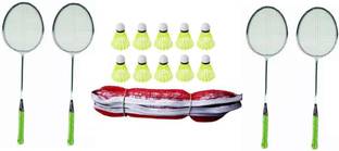 Monika Sports 4 Single Shaft Racquet + 2 Sided Niwar tape badminton net + 6 pc nylon shuttle Badminton Kit