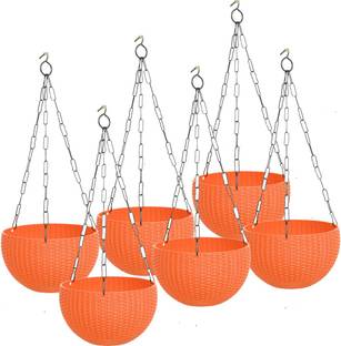 Bouncing Babies 6" Woven Design Hanging Euro Basket Planters Indoor Outdoor Hanging Flower Plant Pot with Hanging Chain (Pack Of 6, Orange) Plant Container Set