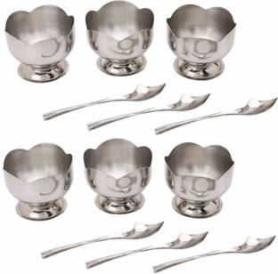 Vrinda's Steel Soup Bowl Flower Shape Ice Cream Cup with Dessert Spoon