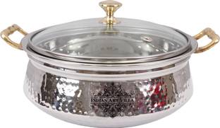 IndianArtVilla Stainless Steel Serving Handi Bowl with Glass Lid 1500 ML - Serving Dishes Chicken Briyani Vegetables Home Hotel Restaurant Tableware Handi 1.25 L with Lid