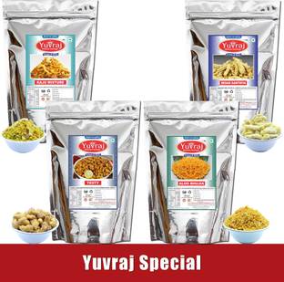 Yuvraj Food Product Snacks Quality Bikaneri Namkeen kaju mixture , Aloo bhujiya , besan ganthiya , Testy combo pack of 4 (200 gm * 4 )