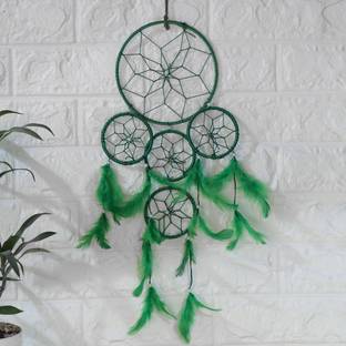 Ryme 5 Rings Green Dream Catcher attracts Positive Dreams with Color Feather for Home/Office Decorative Showpiece  -  7 cm