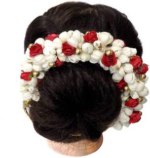 GaDinStylo Hair Bun Gajra Flower Artificial Juda Accessories for Women in Red White Color Pack of 1 Hair Accessory Set