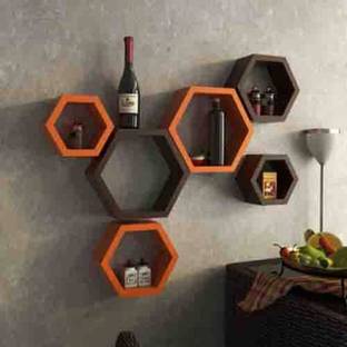 ANTIQUE MART Hexagonal Rack Shelf Wooden Wall Shelf