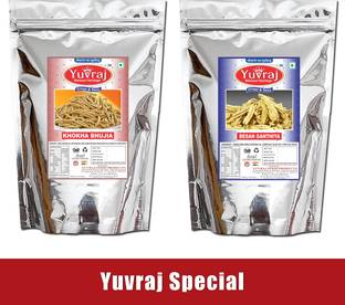 Yuvraj Food Product Indian Snacks Special Bikaneri Namkeen Besan ganthiya & khokha bhujiya (combo pack of 2) (400 Gm *2 )