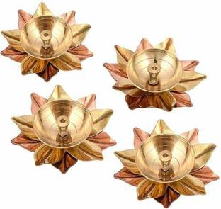 Puja N Pujari Lotus Shape Kamal Patti Akhand Diya Jyothi Oil Deepam Brass for Puja and Diwali Set of 4 Brass (Pack of 4) Table Diya Set