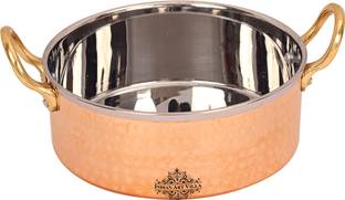 IndianArtVilla Copper Serving Bowl Hammered Steel Copper Sauce Pot with Brass Double Sided Handle, Serveware Tableware, 400 ML