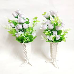 artificial hub flower with plastic pot combo White Rose Artificial Flower  with Pot