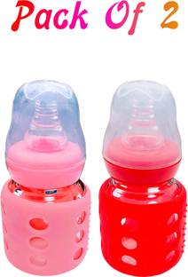 The Little Lookers Glass Feeding Bottle for Newborns/Infants/Babies | With Silicone Warmer Cover ('PINK & RED', 60 ML) - 60 ml