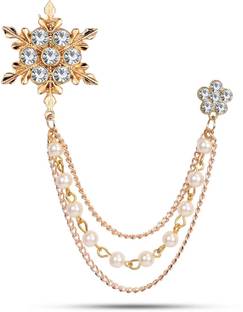 Om Jewells Rose Gold Platted Indo Western Crystal Snow Flakes Design Inspired Lapel Pin Brooch with 3 Hanging Chain for Boys and Men Brooch