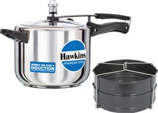 Hawkins Stainless Steel 5 Ltr Pressure Cooker With Hard Anodised 2 Pc Separater Cooker Dabba and Stand 5 L इंडक्शन बॉटम प्रेशर कुकर