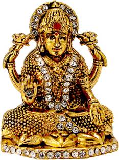 Le Exotica Antique Style Goddess Mata Lakshmi, Maa Laxmi Murti - Metal Idol With Golden Electroplating to Worship & Gain Prosperity Ideal for Home Office Religious Gift or Car Dashboard Decorative Showpiece  -  5 cm