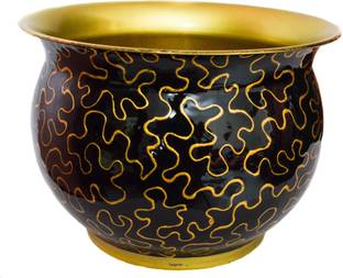 Tangerine Handcrafted Brass Planter Pot with Black & Golden Print & Lacquer Finish – 12 inch Plant Container Set