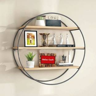 ONLINECRAFTS Wooden &iron Round shape rack shelf for living room books & showpiece flowerpot Wooden Wall Shelf