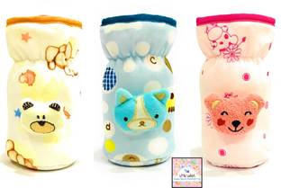 The Little Lookers Soft Plush Stretchable Baby Feeding Bottle Cover with Easy to Hold Strap | Suitable for 120ml | Cute Animated Overall Print Pack of 3 (Pink, Yellow, Blue)