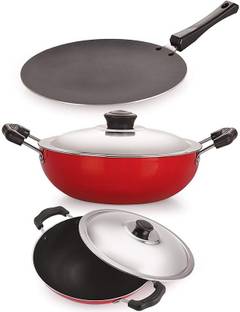 NIRLON 3 Layer Nonstick Cookware Combo Gift Set 3 Roti Tawa 28.5 cm, Deep kadhai 2.2 LTR, AppaChatti 22cm (Red & Black) Non-Stick Coated Cookware Set