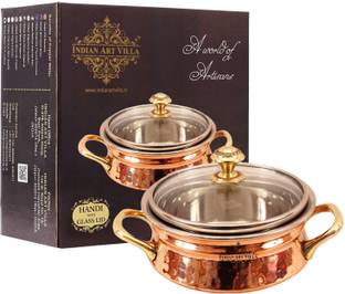 IndianArtVilla Hammered Steel Copper Casserole Donga with Glass Lid, Tableware & Serveware, 400 ML Handi 0.4 L with Lid