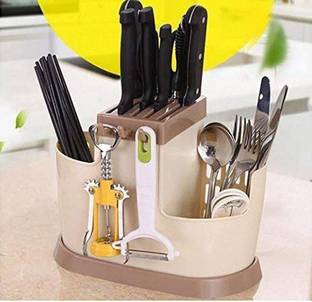 Coozico Multi Functional Self Draining Organizer Chopsticks Basket - Spoons, Knife & Other Kitchen Cutlery Storage Holder Stand Disposable Plastic Cutlery Set