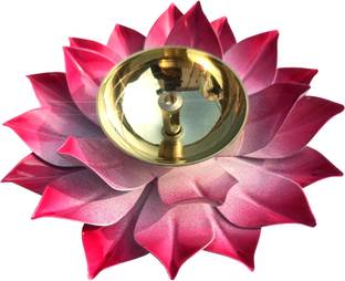 Wacky Iron and Brass Kamal Ptta Pink color Akhand diya With Fancy Gift Box size 5 inch Brass, Iron Table Diya