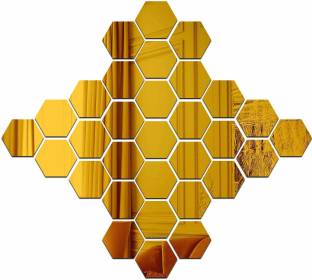 wall1ders 10.5 cm 30 Golden hexagon 3D Acrylic Mirror Wall Sticker for Home & Office Self Adhesive Sticker