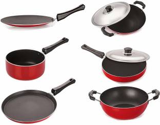 NIRLON Gas Compatible Non-Stick Aluminium Cookware Set, 6-Pieces, Red/Black Non-Stick Coated Cookware Set